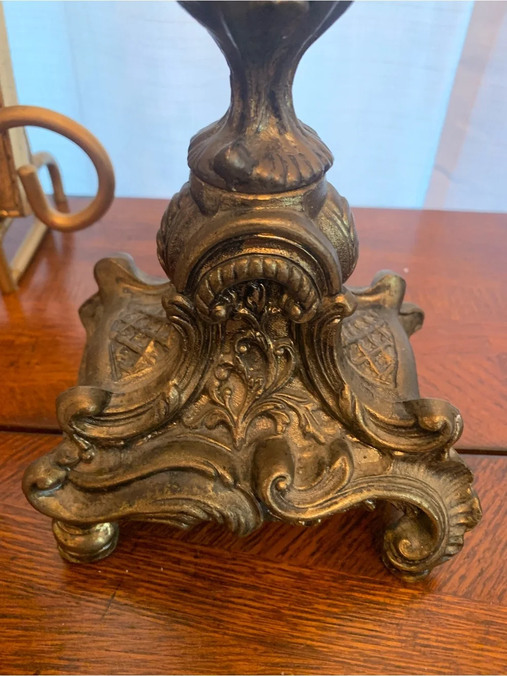 Antique-Style Ornate Brass Candelabra Pair with Red Crystal Drops